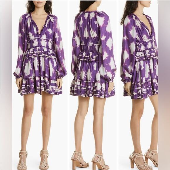 Ulla Johnson Purple Silk Emery Long Sleeve Ruffle Mini Dress Cassis Blur 10 - Picture 2 of 12